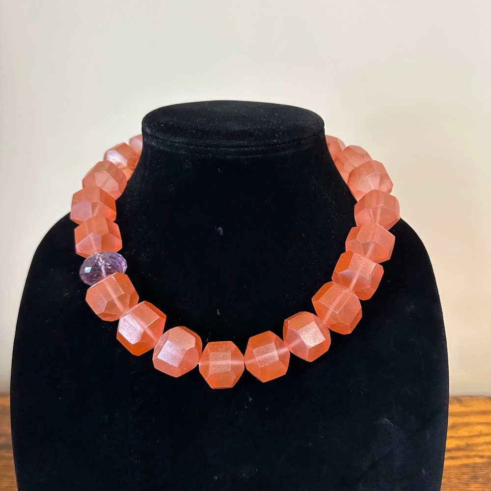 Chunky Frosted Coral Orange Geometric Bead Necklace with‎ Purple Accent 18.5"